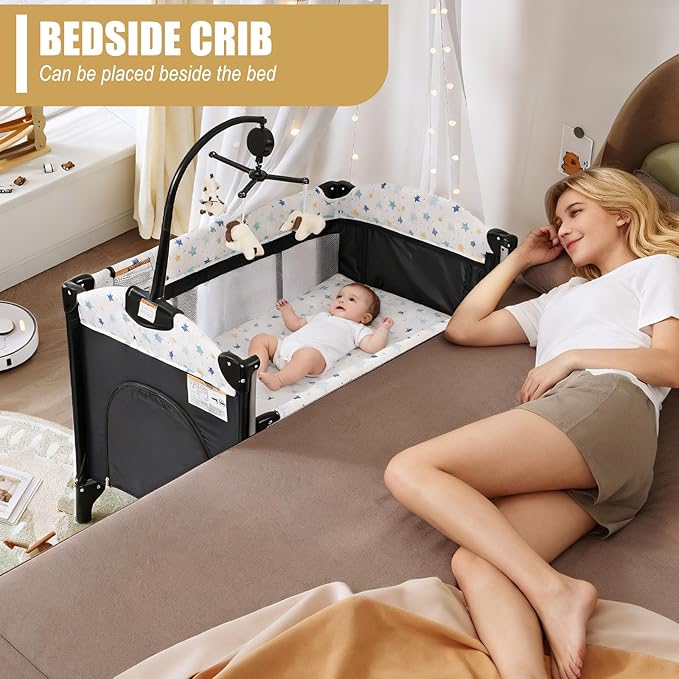 4 in 1 Height Adjustable Baby Playard, Foldable Nursery Center with Music Box Toy Rack, Side Storage, Changing Table, Large Portable Playpen for Newborns and Toddlers