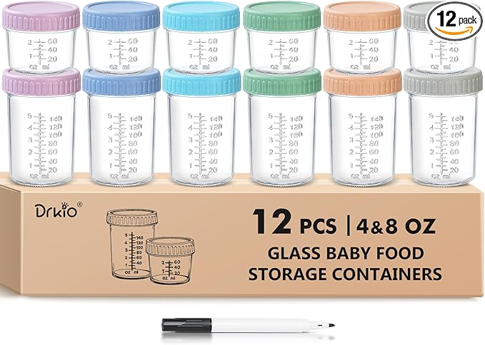 DRKIO 12 Pack Glass Baby Food Storage Containers - 4 & 8 oz Baby Food Jars with Lids Baby Food Maker Microwave Dishwasher Freezer Safe 100% Leak Proof BPA Free Reusable
