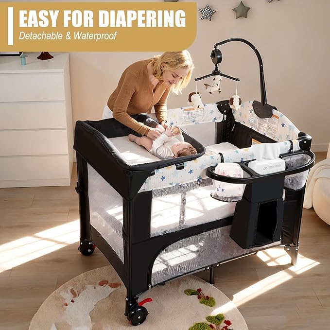 4 in 1 Height Adjustable Baby Playard, Foldable Nursery Center with Music Box Toy Rack, Side Storage, Changing Table, Large Portable Playpen for Newborns and Toddlers