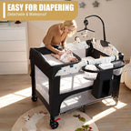 4 in 1 Height Adjustable Baby Playard, Foldable Nursery Center with Music Box Toy Rack, Side Storage, Changing Table, Large Portable Playpen for Newborns and Toddlers