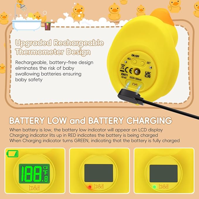 b&h Rechargeable Baby Bath Thermometer, Digital Shower Thermometer for Infant Bathtub and Room, Upgraded Turn Off Function, Fast Temperature Reading, Safety Newborn Floating Bath Toy (Baby Duck)