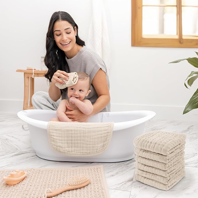 Comfy Cubs Muslin Baby Washcloths 10 Pack - Soft 6-Layer Cotton Wash Cloths for Sensitive Skin - 10"x10" Large, Gentle, Absorbent Infant Essentials for Newborn and Toddlers - Sand