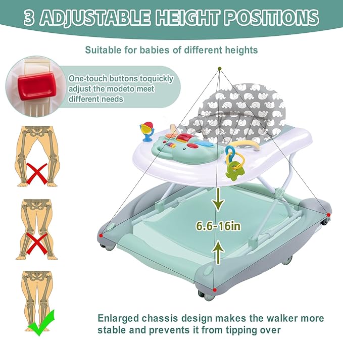 5 in 1 Foldable Baby Walker, Activity Baby Walker-Baby Bouncer, Rocker, Activity Center,Seat and Push Walker,Detachable Trampoline Mat, Adjustable Speed Rear Wheels and Height,Ages 6-18 Months(Mint)