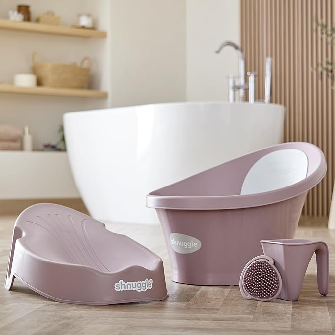 Shnuggle Newborn Baby Bath | Built in Support Bump and Soft Backrest | Suitable from Newborn | Bath Seat Support Includes Plug | Blossom Pink