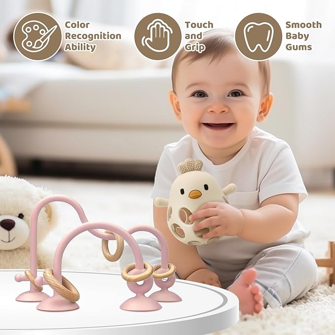 Baby High Chair Suction Toys Teething Chew - Baby Table Toys, Teething Toys Silicone Teethers, Food Grade Silicon for 6 12 18 Months (Rosepink Beige)