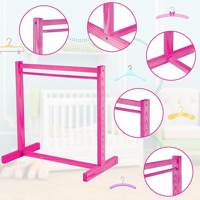 Civaner 11 Pcs Doll Garment Rack with Wooden Clothes Hanger for 18 Inch Girl Doll Clothes Mini Hangers Wardrobe Furniture Accessories for Dollhouse Baby Shower Supplies (Rose Pink)