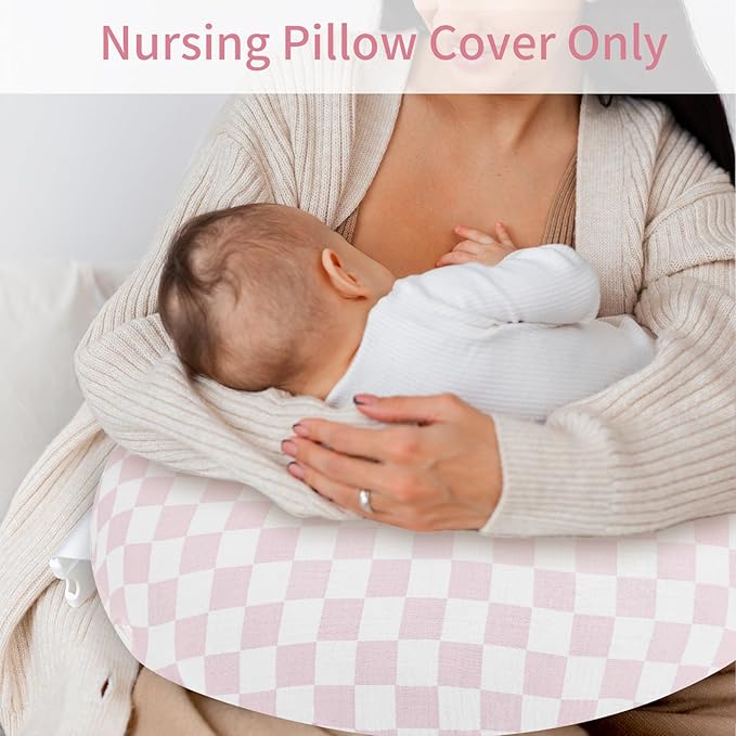 SWESEN Muslin Nursing Pillow Cover, Soft Removable Cover for Breastfeeding Pillows, Pillow Slipcover for Baby Boys and Girls, Comfortable & Breathable, Pink Plaid, Washable (Only Cover)