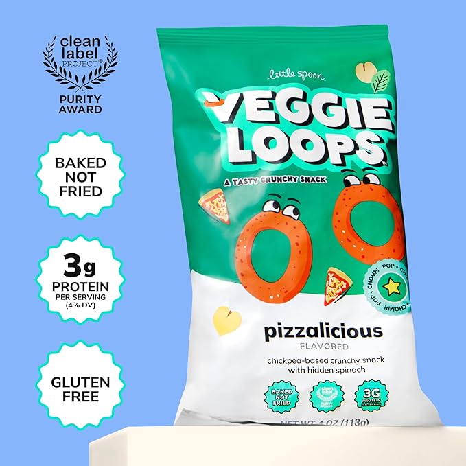 Little Spoon Pizzalicious Veggie Loops, Chickpea and Spinach Snack, Baked Not Fried, Avocado Oil, Hidden Veggies, Tastier Snacks for Kids, 3g Protein, Gluten-Free, 4 Pack