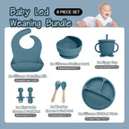 Baby Led Weaning Supplies, 8 Piece BPA-Free Silicone Feeding Set, Silicone Suction Bowl, Forks & Spoons, Bib & Cup, Develops Self Feeding Skills, Dishwasher Safe, for 6+ Months (Blue)