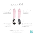 Bumkins Toddler Utensils, Kids Fork and Spoon Set, Silicone and Stainless-Steel Silverware, Angled Forks / Sporks for Self-Feeding, Children Training Flatware Cutlery for 18 Months Up, Pink