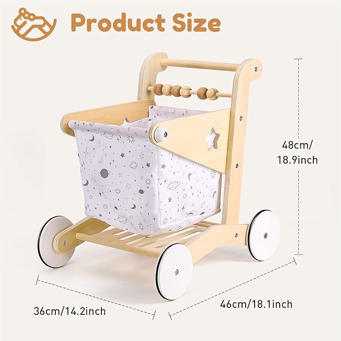 Wooden Baby Walker Doll Stroller | Adjustable Speed Shopping Cart for Toddlers 1-3 | Baby Push Walker - Pretend Play Grocery Cart | Natural Wood Stroller Push Toys for Babies Learning to Walk