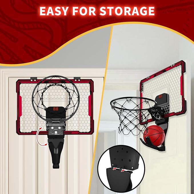 Mini Basketball Hoop Indoor with 7 LED Lighting, Scoreboard, 3 Modes, Volume Adjustable, Over Door Basketball Hoop Foldable, Basketball Toys for Kids Adults Gifts (Red)