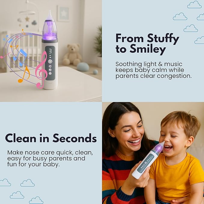 Electric Nasal Aspirator for Babies – Gentle Electric Nose Suction for Baby - Adjustable Suction, Calming Music & Light – Soft Silicone Tips for Newborn and Infant Congestion Relief – USB Rechargeable