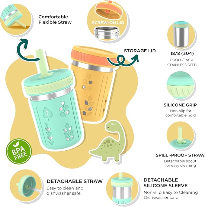 Tronco [4 Pack] 10 oz 2-in-1 Stainless Steel Kids Tumbler Cups with Silicone Sleeves, Spill-Resistant Flexible Straws & Storage Lids, BPA-Free Smoothie and Snack Cups, Dishwasher Safe