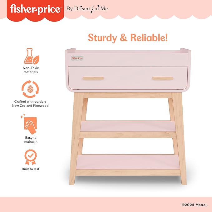 Fisher Price by Dream On Me Baby Changing Table, Blush Pink – Greenguard Gold & JPMA Certified, Wooden Nursery Dresser with Storage Shelves – Compact, Sturdy & Easy-to-Clean Design