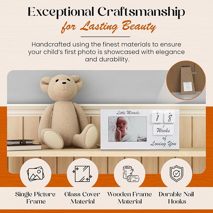 White Ultrasound Sonogram Picture Frame with Milestone Tracker – Elegant Wooden Keepsake for Expecting Parents – Nursery Décor Gift for New Moms – Countdown Tiles Included – 12" x 6" Design