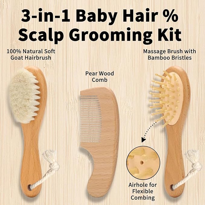 Goat Baby Hair Brush Set, Wooden Comb Massage Scalp Comb, Safe Natural Hair Care Kit, Soft Silicone Bath Brush for Newborns Toddlers (Brush Set+ Pink Massager)