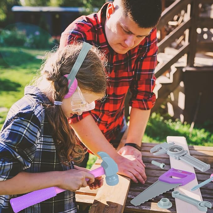 Kids Tool Set, Pink Toy Tool Set for Girls with Electric Drill, Hammer, Planer, Working Vest, Accessories and Storage Box, Construction Pretend STEM Toy Tool Kit for Toddlers Age 3 Years and Up