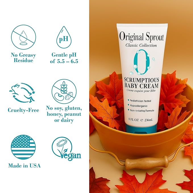 Original Sprout Scrumptious Baby Cream, Gentle Moisturizing Cream for Dry, Sensitive Skin & Diaper Rash, Non-Greasy Baby Lotion with Zinc Oxide & Calendula for Face & Body, 8 fl oz