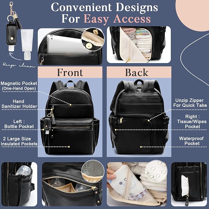 miss fong Diaper Bag Backpack Leather Diaper Bag, Baby Diaper Bag for Baby, 16 Pockets with Hand Sanitizer Holder, Changing Pad, 2 Insulated Pockets(Black)