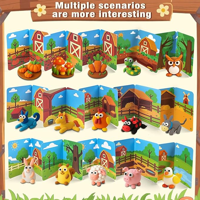 BEIREG Air Dry Clay Farm Adventure Kit for Kids - 15 DIY Farm Animals & Vegetables with Tutorials, Ultra Soft Modeling Magic Clay, Safe Non-Toxic STEM Educational Craft Gift for Boys & Girls Ages 3-12