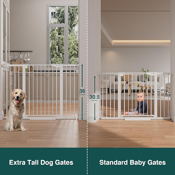 Cumbor 36" Extra Tall 29.7"-51.5" Baby Gate for Stairs, Easy Wall Through Dog Gates for Doorways Extra Wide, Pressure Mounted Tall Pet Gate Indoor, Safety Auto-Close Child Gate for Kids, White