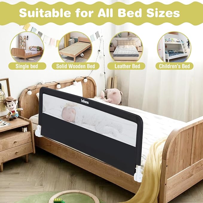 INFANS Bed Rail for Toddlers, 58" Foldable Safety Baby Crib Rail Fit for Kids Twin, Extra Long Swing Down Bed Guardrail for Convertible Crib, Queen, Full, King Mattress Side Guard (Black)