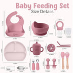 O'doe 17-Piece BPA-Free Silicone Baby Feeding Set | Thick & Soft Suction Plates, Baby Bowls, Wooden Fork & Spoon, and More | Make Mealtime Fun and Easy for Your Little One | Pink, V2