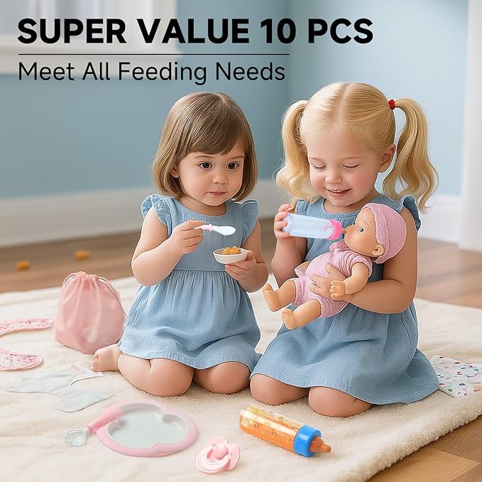 SCOM Reborn Baby Doll Accessories - 10 Pcs Feeding Set, Magic Disappearing Bottle with Milk & Juice, Pretend Play Toy with Alive Diaper & Magnetic Pacifier & Bib & Tableware, for Toddler Kid Gift Pink