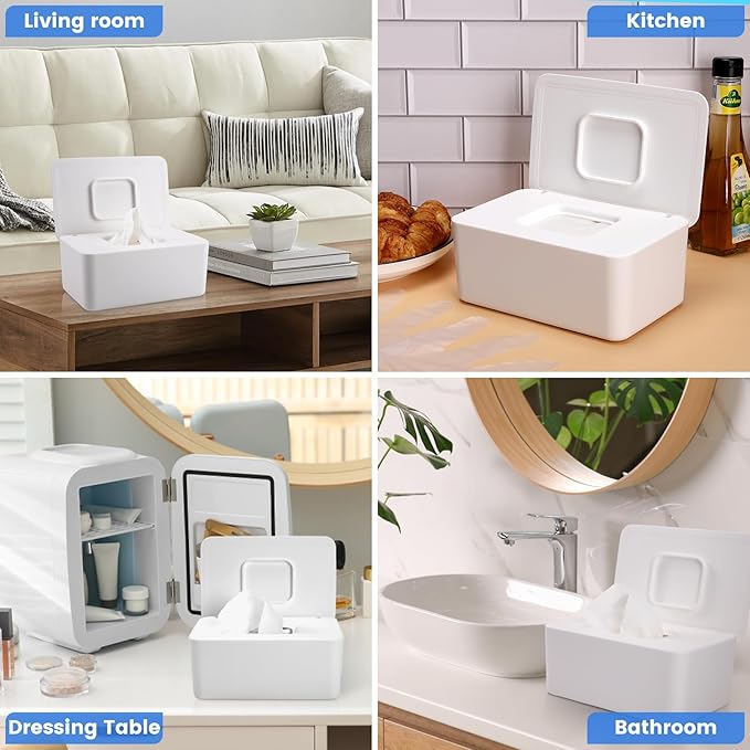 2 Pack Lijroavy Baby Wipes Dispenser, Baby Wipe Holder for Fresh Wipes, Non-Slip Baby Wipes Container, Refillable Wipes Box, Wipes Case with Sealing Design Lid (White and White)