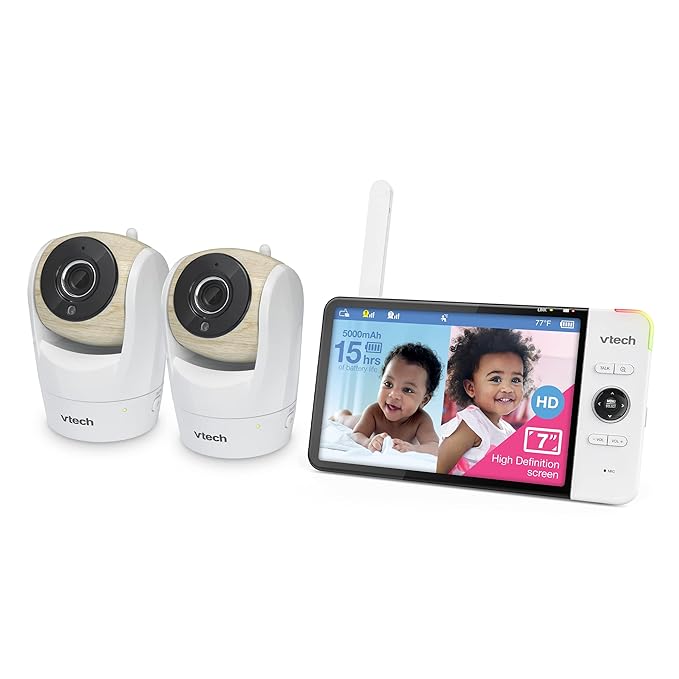 VTech VM919-2HD Baby Monitor, 7" 720p Screen, 2 Cameras, 360 Panoramic Viewing, 110 Wide-Angle View, Night Vision, Up to 1000ft Range, Secured Transmission No WiFi