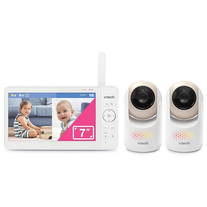 VTech 2-Cameras Video Baby Monitor with 7" Color LCD Screen, Rechargeable Battery, Video and Audio Streaming, Pan-Tilt-Zoom, Touch Multi-Color Night Light, Two-Way Talk: Advanced Max Twin (Tan)