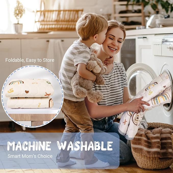 Boho Rainbow Baby Play Mat 71" X 59" Playpen Mat Thicken One-Piece Crawling Mat Non-Slip Cushioned Baby Floor Mat Letter Playmats for Babies Toddlers Infants Tummy Time Activity (71X59,Beige)