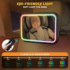 Baby Car Mirror with Light, 7 RGB Light Rear Facing Baby Car Seat Mirror with Remote Control Rechargeable 360° Rotation Hook Clip Design Wide View Shatterproof