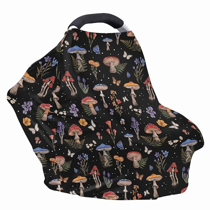 Binienty Mushrooms Car Seat Cover Canopies,Cottagecore Mushroom Nursing Cover for Mom Stretchy Infants Stroller Cover/High Chair/Breastfeeding Cover