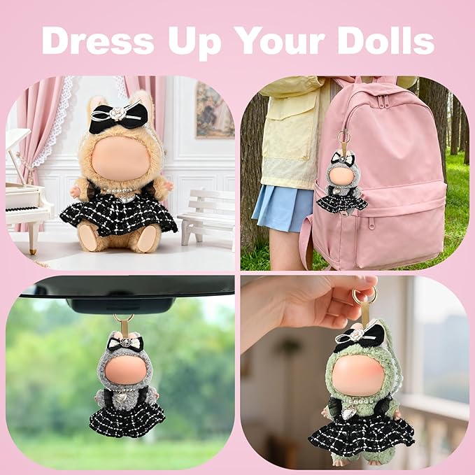 ‌Elegant Black-and-White Dress for 15cm/17cm Dolls - Strap Gown with Heart Pearl Necklace & Bow Headband/Fashion Doll Clothes Set, Accessories for Girl Doll/Perfect for Collectors, Gifts