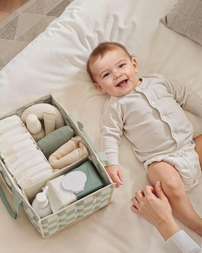 Blissful Diary Checkered Diaper Caddy Organizer, Stylish Nursery Storage Basket, Gift for Baby Shower, Newborn Essentials, Registry Search Must Haves, Sage Green
