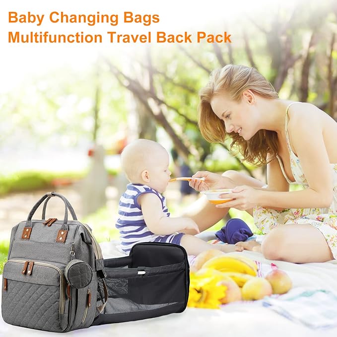 Diaper Bag with Changing Station, Waterproof 3 in 1 Baby Diaper Backpack with Foldable Changing Pad, Large Travel Back Pack for Baby Girl Boy, Grey