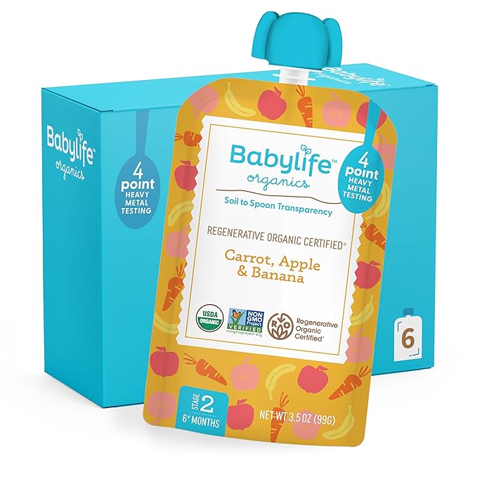 Babylife Organics Stage 2 - Carrot, Apple & Banana, 3.5 Ounce Pouch (6 Pack) - Heavy Metal Safe, Organic Baby Food