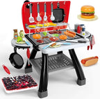 Kids Play Kitchen Toys, Kids BBQ Grill Kitchen Playset with Smoke, Sound & Light, Play Food Toys Cooking Set, 2-Layer Barbecue Outdoor Play Grill Toy Gift for Toddler Boys Girls 3-5