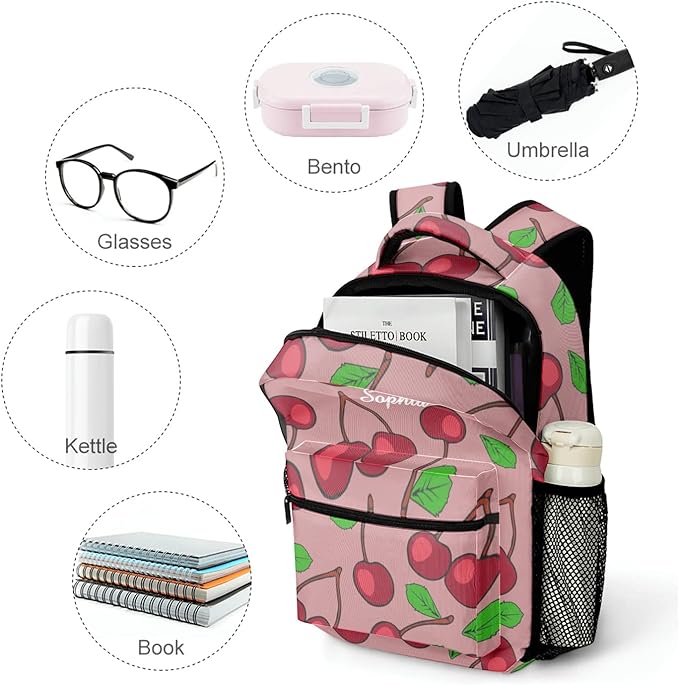 Ripe Red Cherry Custom Kids Backpack 16.5 Inch for Boy Girl, Personalized Waterproof Child School Travel Bag with Name