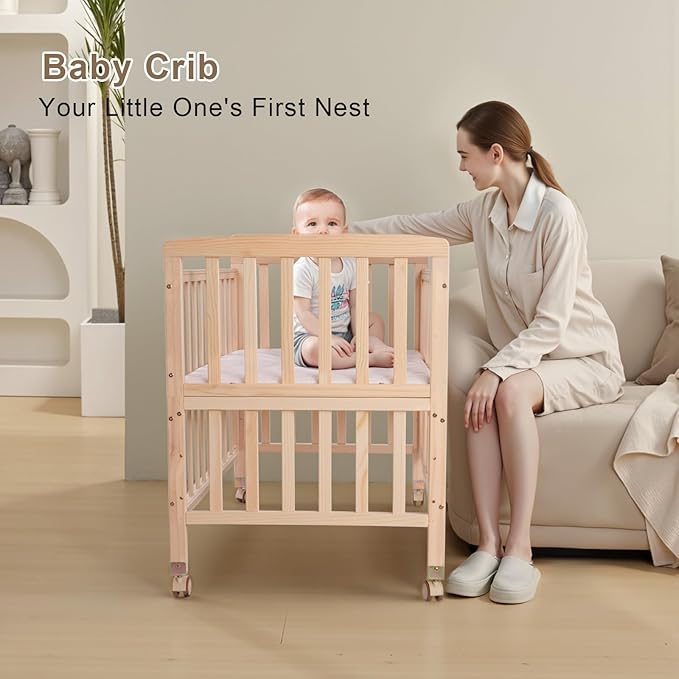 Baby Bassinets Bedside Sleeper - Portable Pine Wood Bedside Bassinet with Mattress,3 Heights Small Mini Crib,Baby Crib for Newborns,Unpainted