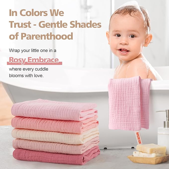 MUKIN Baby Washcloths,Muslin Burp Cloths Towels for Newborns,Absorbent Cotton Bath Face Towel ，5 Pack, 12x12 Inches (Rosy Embrace)