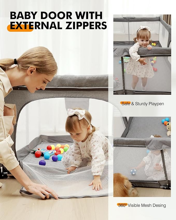 Foldable Baby Playpen with Non-Removable Thick Mat, Extra Large Collapsible Play Yard for Babies & Toddlers, Portable Travel Playpen with Gate, Safe Activity Center (51"×51" Grey)