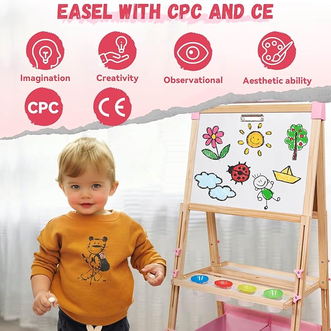 Easel for Kids,Adjustable Wooden Art Easel for Kids,119+ Art Supplies,Double Sided Magnetic Chalkboard and White Board Whit Storage Basket,Drawing and Painting for Aged 2-4,5-7,8-12,2 Paper Rolls