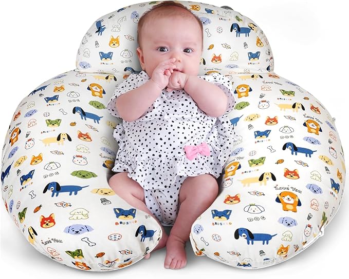 Nursing Pillow for Bottle and Breastfeeding, Ergonomic Design Support for Mom and Baby, Removable Cotton Cover, Machine Washable, Dog Pattern(Creamy White)