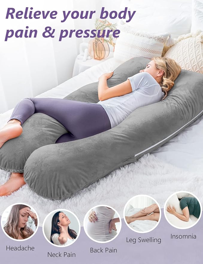Meiz Pregnancy Pillow, U Shaped Pregnancy Body Pillow with Zipper Removable Cover (Gray- Velvet)