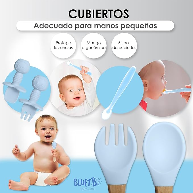Bluet B- Silicone Baby Feeding Set with Pacifier - Baby Led Weaning Supplies - Baby Spoons, Suction Bowl - Plate - Baby Utensils Set - Silicone Feeding Set for Baby First Foods -11pcs - Light Blue