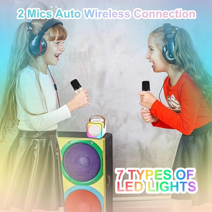 Mini Karaoke Machine for Kids Adults, Portable Bluetooth Speaker with 2 Wireless Microphones, Birthday Toys for Girls Ages 4 5 6 7 8 9 10 11 12+ Years Old Toddler