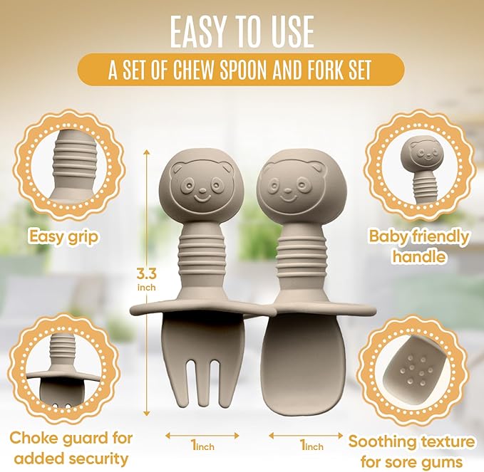 4pc Silicone Baby Spoons Self Feeding Baby Utensils 6-12 Months - 3 Baby Spoon - 1 Baby Fork - Toddler Cutlery Set - BPA Free, Dishwasher Safe - Baby Eating Essentials (Gray/Beige)